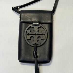 Tory Burch Miller Phone Crossbody Bag Womens Black Leather Logo Medallion Tassel